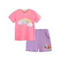 Toddler girls' summer clothing set with pink rainbow print t-shirt and purple shorts - Pink Top + Purple Shorts (2Y) / 90cm