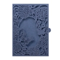Detail of laser-cut butterfly and floral patterns on navy blue pearl paper envelope - Phantom Blue
