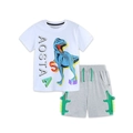 Boys summer cotton set featuring a white dinosaur tee and grey shorts with crocodile pockets - White Gray Dinosaur Suit / 2Y(90cm)