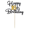 Glittery black and gold Happy 16th Birthday cake topper with minimalist wood stick - 16th Birthday Style (插牌-54)