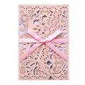Detailed laser-cut hollow pink lace wedding invitation with silk bow and floral inserts - Light Pink