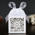 Elegant white laser-cut hollow hibiscus flower wedding candy box with organza ribbon - White