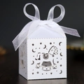 Hollow rocking horse laser-cut candy box with white ribbon for baby shower party - White