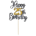 Glittery black and gold 25th Happy Birthday cake topper with sparkling finish and wooden stick - 25th Birthday Style (插牌-55)