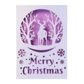 Carte de Noël 3D découpée au laser avec renne blanc, forêt et fond dégradé violet élégant - Blanc + Page Intérieure Violette