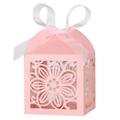 Pink laser-cut flower candy box with white ribbon bow for wedding gift packaging - Pink