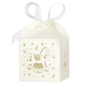 Detail of laser-cut rocking horse candy box with creamy white paper and organza ribbon bow - Ivory