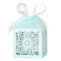 Detail of mint green laser-cut floral favor box featuring a white translucent ribbon bow - Pearl Pale Blue