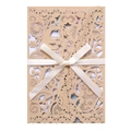 Detailed laser-cut lace pattern on kraft paper invitation with elegant cream ribbon bow - Beige Gold