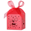 Red laser-cut rocking horse candy box with pearl paper finish and ribbon bow for kids parties - Pearlescent Red