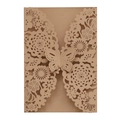 Laser-cut kraft paper wedding invitation featuring floral lace and 3D butterfly design - Beige Gold