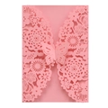 Detail of pink laser-cut wedding invitation featuring intricate floral patterns and a 3D butterfly - Pink