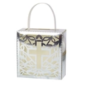 Silver hollow cross wedding candy box with intricate vine patterns and white handle - 7*6.7*3.5CM / Reflective Silver