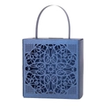 Detail of laser-cut lace patterns on navy blue wedding favor box with handle - Magic Blue