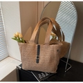 Minimalist woven straw tote bag in brown and beige with black leather strap and metal buckle - Khaki