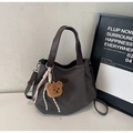 Sac cabas en toile gris foncé avec anses en cuir marron et pendentif ours mignon - Brun Thé Foncé (Petit)
