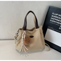 Sac fourre-tout en toile beige avec anses en cuir marron et breloque ourson - Beige Petit