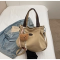 Sac fourre-tout en toile kaki avec poignées en cuir marron et porte-clé ours en peluche - Khaki Petit