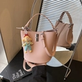 Pink lychee grain leather bucket bag with cute doll charm and pearl chain accent - Pink with Pendant