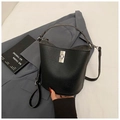 Minimalist black lychee leather bucket bag with silver clasp and adjustable strap - Black without Pendant