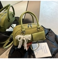 Grass green woven bowling bag with leather handles and decorative pearl bow charm - With Lace Pendant / Green