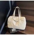 Bolso tote grande de lona beige con correas de hombro y cita bordada diseño - Blanco Roto