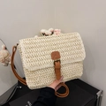 Vintage square straw crossbody bag with beige woven texture and brown leather strap - Off White
