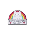 Cartoon white cat with rainbow enamel pin badge featuring I Hate Everyone Equally quote - Hater Cat (QHXZ890)