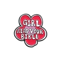 Cartoon red flower enamel brooch with Girl Read Your Bible text on white background - Red Flower Letter Style (QHXZ2688)
