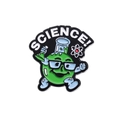 Spilla smaltata scientifica con figura verde, occhiali, becher e scritta SCIENCE! - Stile SCIENCE! (QHXZ2686)