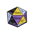 Non-binary pride D20 dice enamel pin with they/them pronouns in colorful geometric style - Pronouns Dice Style (QHXZ050)
