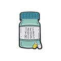 Mint green medicine bottle enamel pin with Take Your Meds slogan and colorful capsules - Mint Green Bottle TAKE YOUR MEDS Style (XZ9809)