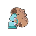 Capybara enamel pin accessory showing a cute brown animal using a light blue microscope - Capybara with Microscope (QHXZ3251)