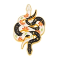Detailed enamel twin snake brooch with celestial moon and floral patterns in gold finish - Double Black and White Snake with Orange Flower Style (XZ5960)