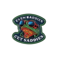 Cartoon green frog enamel pin wearing sunglasses with Even Baddies Get Saddies text - Frog Style (QHXZ3389)