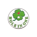 Grüner Kleeblatt Golfballmarker mit Hole In One Text und hochwertigem Metallrand - Hole In One Stil (MJ065)