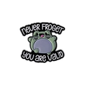 Detalle del pin de esmalte de rana con los mensajes 'never FROGET' y 'you are VALID' - Estilo de Rana Never Froget You Are Valid (QHXZ3345)
