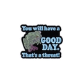 Macro shot of cartoon frog enamel pin with humor text and black metal plating detail - Good Day Threat Gun Frog Style (QHXZ3348)