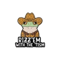 Lustige grüne Frosch-Emaille-Anstecknadel mit Cowboyhut und RIZZ'EM Text-Abzeichen - Cowboyhut-Frosch-Stil (QHXZ3461)