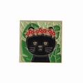 Square enamel brooch featuring a black cat with a red flower crown and leaf pattern - Frida Style Cat (QHXZ3397)