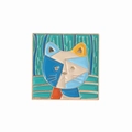 Square enamel pin with artistic abstract Picasso style cat design and golden metal edges - Picasso Style Cat (QHXZ3399)