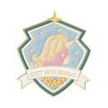 Broche licorne en émail avec bouclier et slogan Just and Brave sur fond rose et bleu - Licorne de Dessin Animé Bouclier (QHXZ3651)