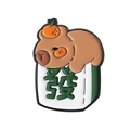 Cute brown capybara enamel pin with orange and green Mahjong Fa character - Mahjong Fortune Capybara Style (QHXZ3654)