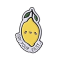 Cute cartoon lemon enamel pin with green leaves and Try Your Zest slogan design - Licking Tongue Lemon Style (QHXZ3789)