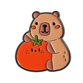 Cute Capybara enamel pin badge holding a red tomato with black metal outlines - Holding Tomato Style (QHXZ3658)