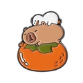 Enamel brooch with Capybara on orange persimmon design and a small white bird - Persimmon Capybara with Bird Style (QHXZ3660)