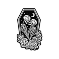 Gothic enamel pin featuring skeletons embracing in a coffin with roses and moon detail - Coffin Hugging Skeleton (QHXZ3786)