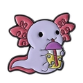 Cute purple axolotl enamel pin holding a bubble tea cup with vibrant purple finish - Drinking Bubble Tea Style (QHXZ3899)