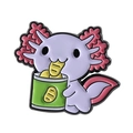 Cute purple axolotl enamel pin eating green potato chips on white background - Eating Chips Style (QHXZ3900)