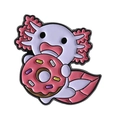 Pink axolotl cartoon enamel pin biting a donut with colorful sprinkles and metal edges - Eating Donut Style (QHXZ3901)